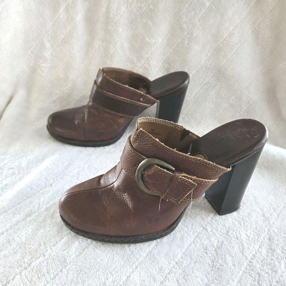 B.O.C. Born Concept Brown High Chunk Heel Leather Cushioned SlipOn Mule Shoes S7 - Picture 5 of 12